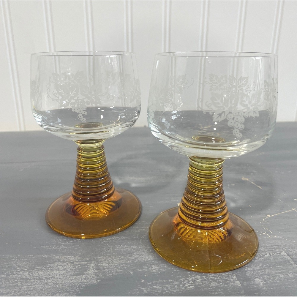 Vintage Roemer Wine Glasses Set 2 Amber Beehive Stem Etched Grape Design 4.25"